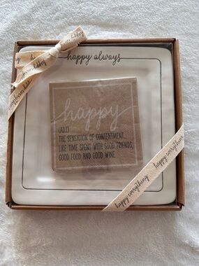 Happy Always Square Ceramic Serving Plate Set - White and Tan